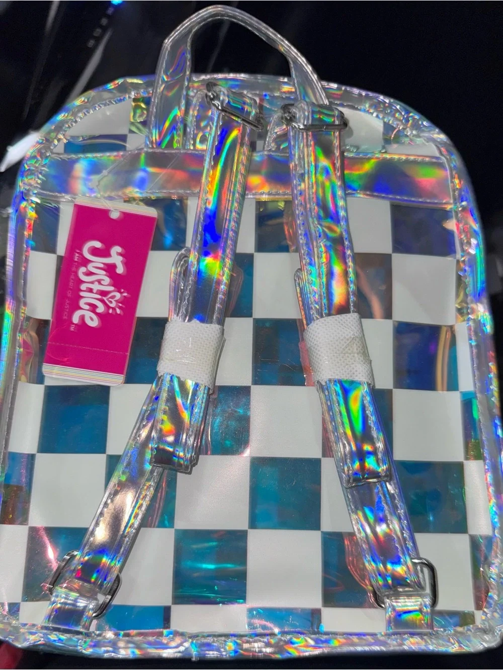 Justice Holographic Blue and White Checkered Mini Backpack